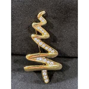 Gold Swirl Christmas Tree Brooch with Clear Rhinestones Holiday Jewelry CP62